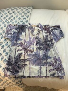 Purple and White Tropical Button-Down Shirt
